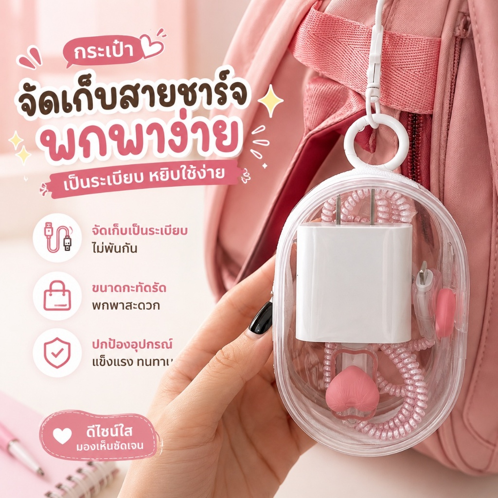 กระเป๋าใส่อุปกรณ์ชาร์จ แบบใส มองเห็นด้านใน ใส่สายชาร์จ ที่ชาร์จ และพาวเวอร์แบงค์ พกพาสะดวก S00204