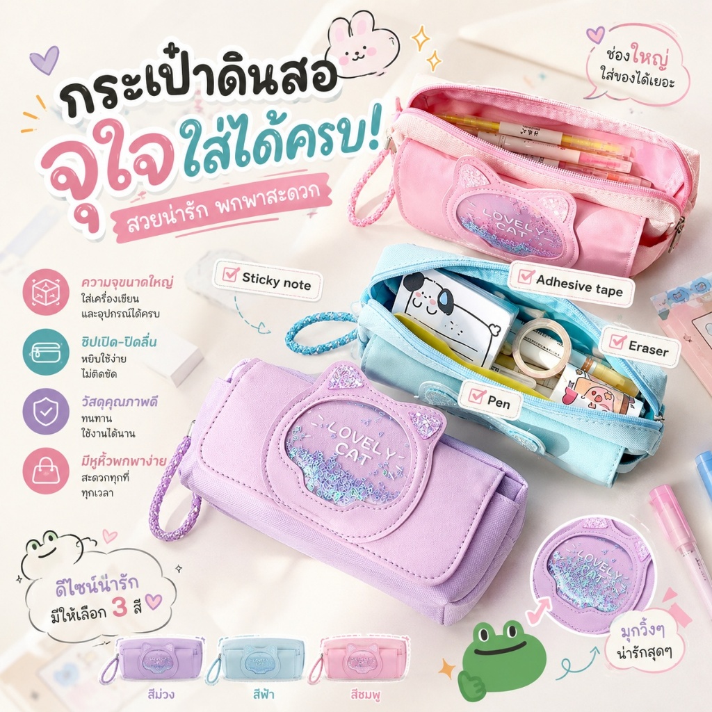 🐾กระเป๋าดินสอลายแมวน่ารัก กระเป๋าใส่เครื่องเขียน จุของได้เยอะ สีชมพู สีม่วง สีเขียวมิ้นท์ 🌸💜 S00201