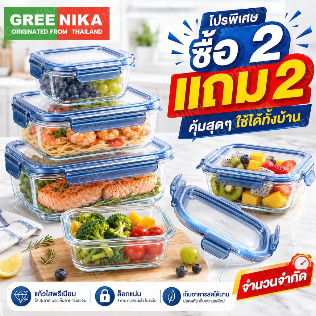 GREENIKA กล่องอาหารกลางวันแก้ว กล่องข้าวแก้ว กล่องถนอมอาหาร ใช้ได้ในตู้เย็น เตาไมโครเวฟ ทนอุณหภูมิสูง