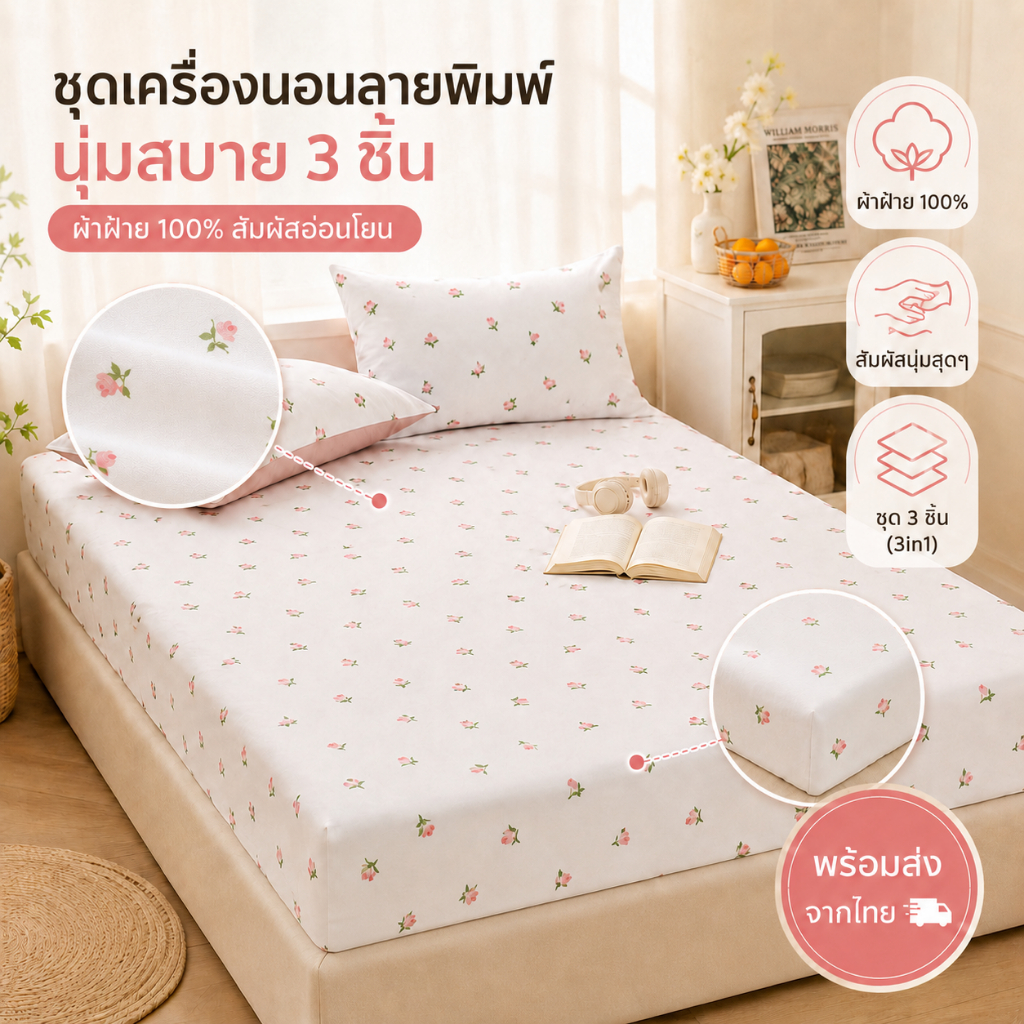 ผ้าปูเตียงกันลื่น3ชิ้น ผ้าคอตตอน100% ลายทิวลิปดอกไม้น่ารัก นุ่มสบายไม่รุด เตียง3-6ฟุต หลายลายขายดี
