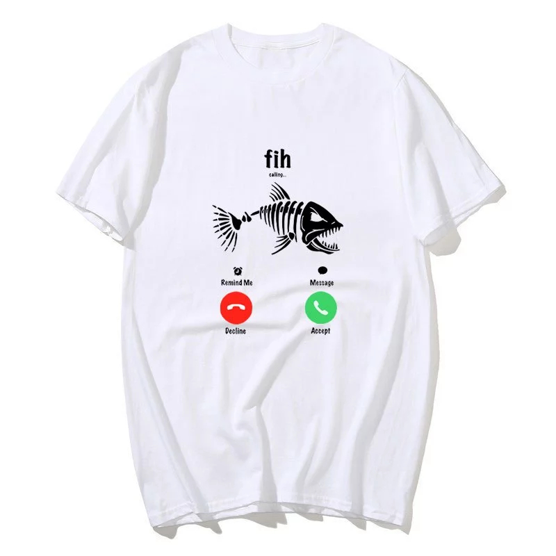 Creative Fishbone อินเทอร์เฟซโทรศัพท์สนุกพิมพ์เสื้อยืดผ้าฝ้ายแท้ตลก Homophonic Meme Fih ลําลองหลวมแข