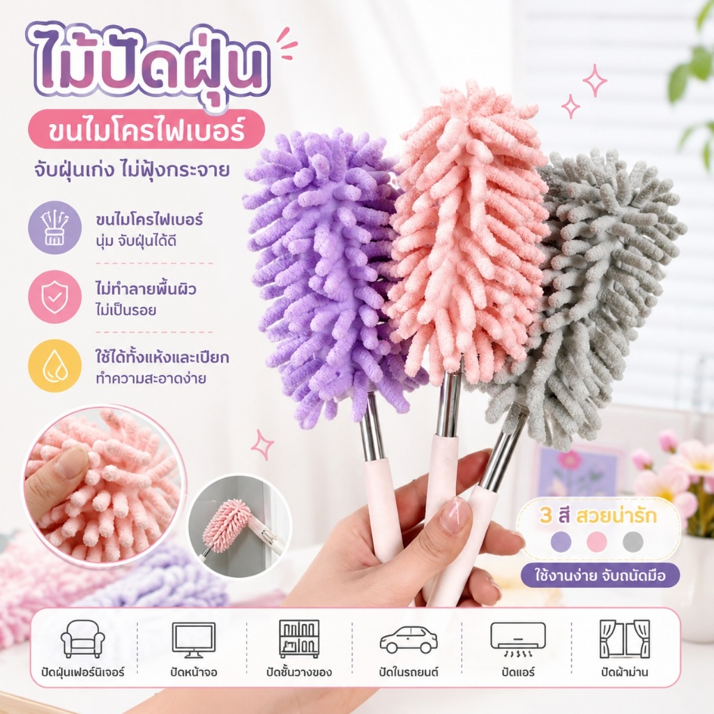 ไม้ปัดฝุ่นยืดหดได้ แปรงปัดฝุ่น ทำความสะอาดบ้าน ปัดฝุ่นเพดาน มุมสูง ขนนุ่ม น้ำหนักเบา ใช้งานง่าย S00149