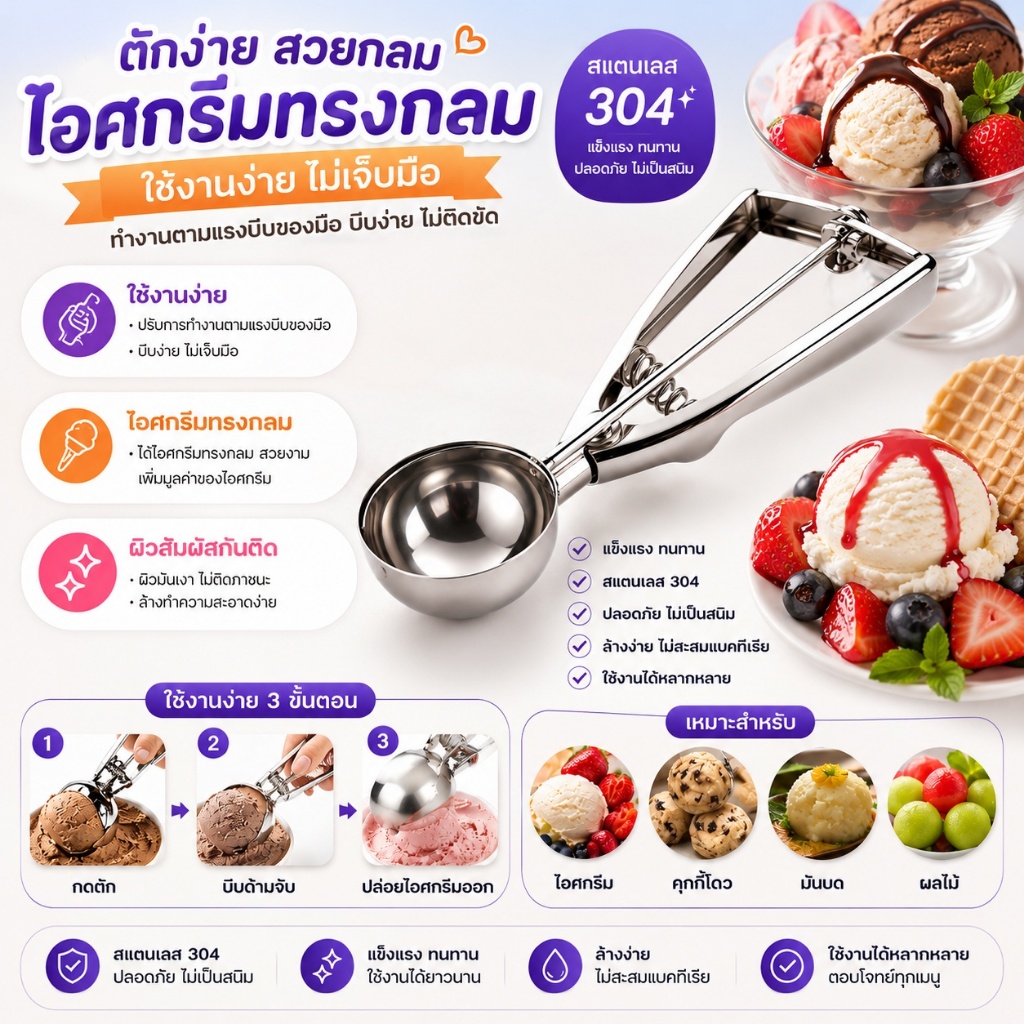 ที่ตักไอศกรีมสแตนเลส ช้อนตักไอศกรีม ที่ตักไอติม ที่ผลไม้ คว้านแตงโม S00169