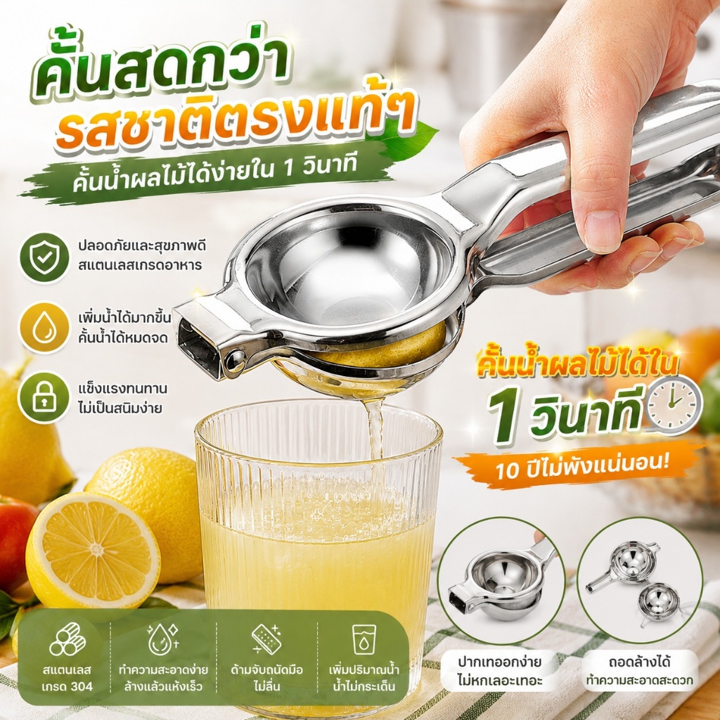 🥤✨ที่คั้นมะนาวสแตนเลส เครื่องบีบมะนาวแบบมือกด คั้นน้ำง่าย ประหยัดแรง ทนทาน อุปกรณ์ครัวสำหรับผลไม้ S00166