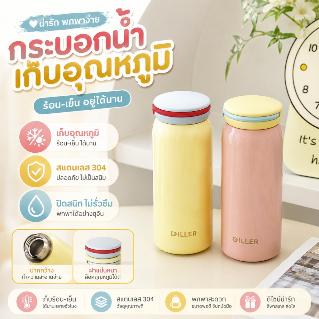 🍶 กระติกน้ำพกพา สไตล์มินิมอล ขวดน้ำดีไซน์เรียบง่าย สีพาสเทลน่ารัก เหมาะสำหรับพกไปทำงาน เรียน และออกกำลังกาย S00160