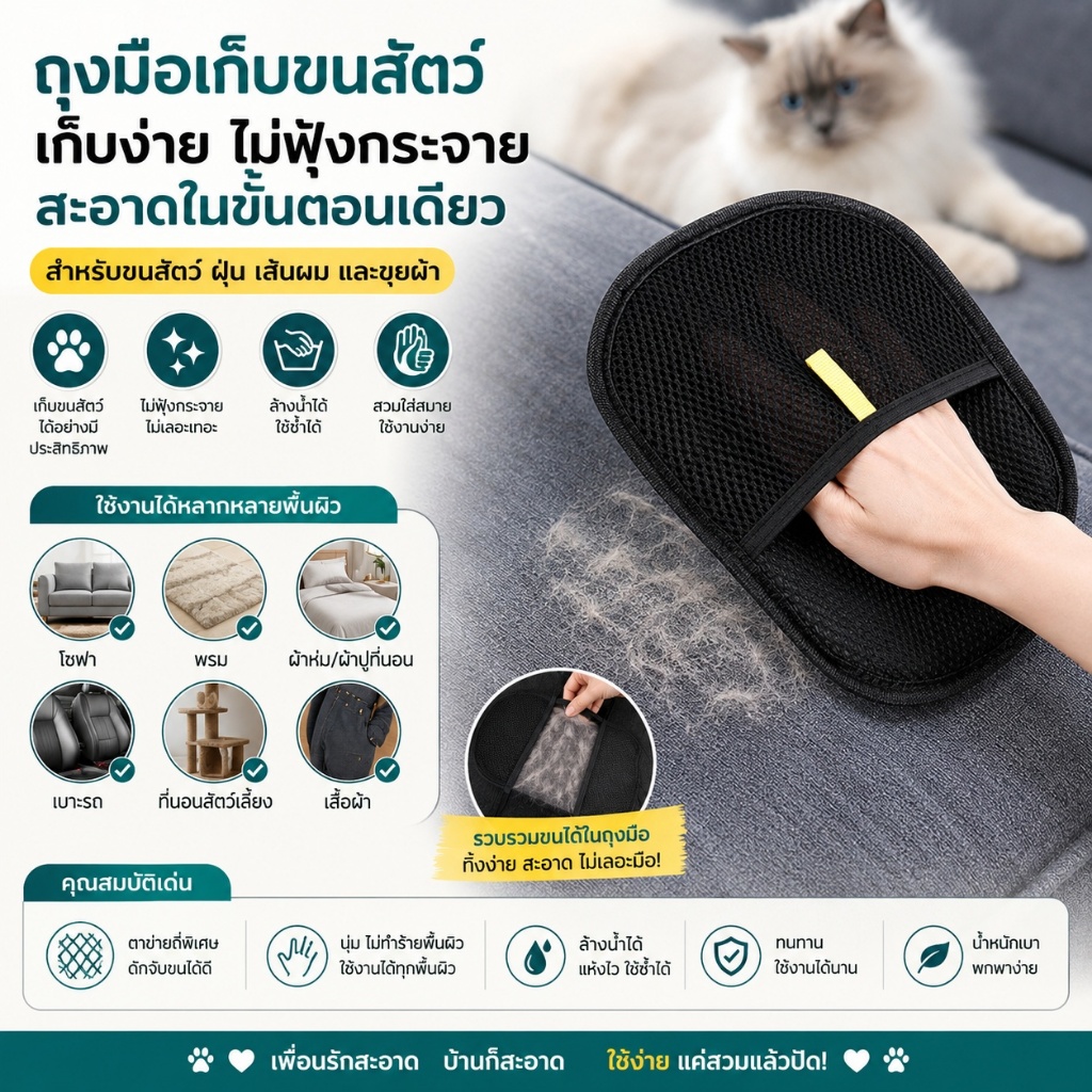 🐾ถุงมือแปรงขนสัตว์เลี้ยง แปรงขนแมวและสุนัข กำจัดขนที่หลุดร่วง นวดผ่อนคลาย ใช้งานง่าย ทำความสะอาดขนได้ดี💤 S00156