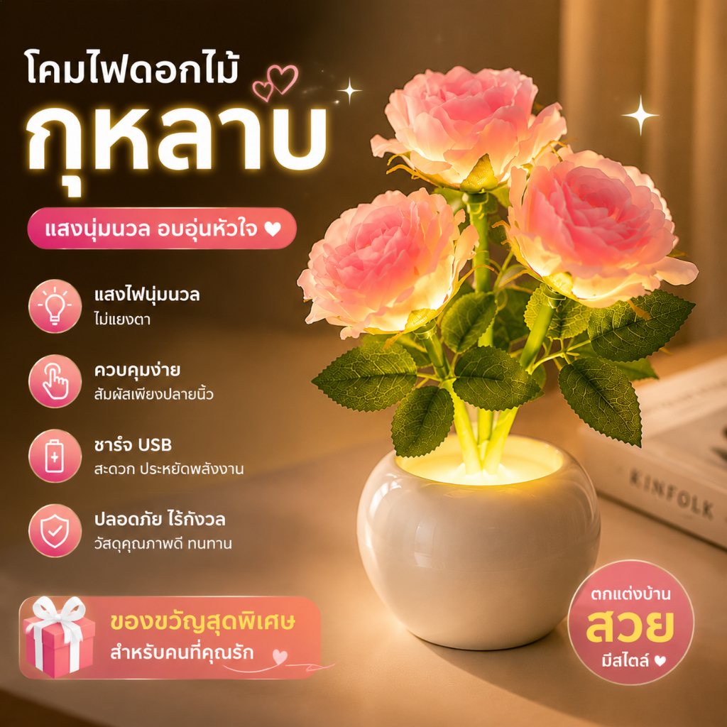 NHLS โคมไฟดอกไม้กุหลาบจำลอง ไฟหัวเตียง เสียบปลั๊ก 3 สี ปรับแสงได้ ของขวัญคริสต์มาส ของแต่งบ้าน