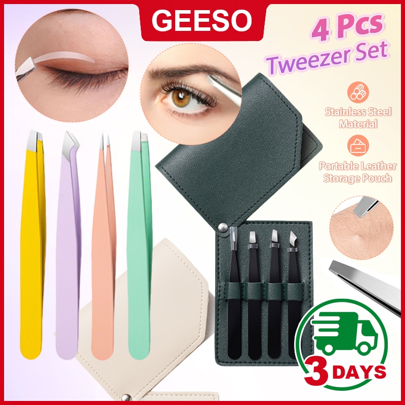 GEESO ชุดแหนบคิ้ว 4 ชิ้น, แหนบกําจัดขนแบบแม่นยําสแตนเลสพร้อมกระเป๋าหนังแบบพกพา 不etti钢夹