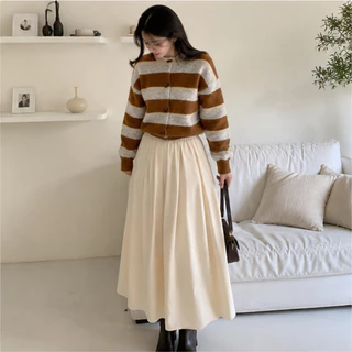 💖Thesummernade Espresso Cardigan เสื้อไหมพรมแขนยาวคอกลม ลายทางกระดุมฮอร์น ทรงหลวมใส่สบายสไตล์เกาหลี