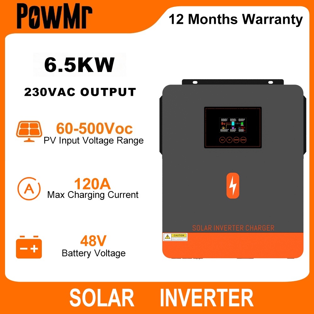 PowMr 6.5KW 48V อินเวอร์เตอร์พลังงานแสงอาทิตย์อินเวอร์เตอร์ไฮบริดในตัว 120A MPPT คอนโทรลเลอร์ชาร์จพลังงานแสงอาทิตย์ 230VAC