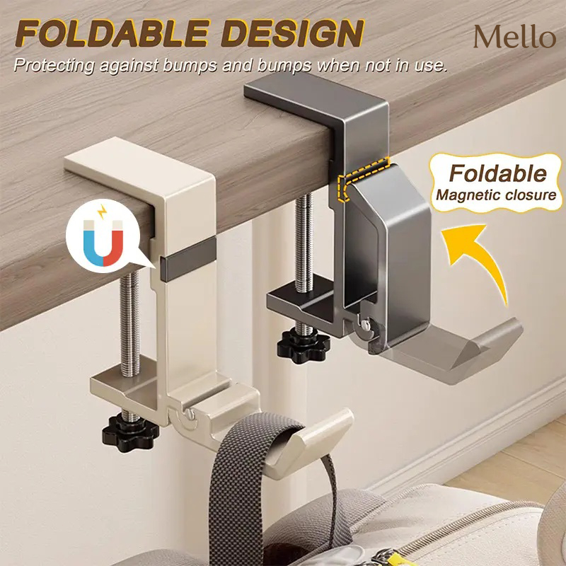 MelloHomeที่แขวนกระเป๋าแบบแขวนสำหรับโต๊ะพร้อมที่ยึดแขนแบบปรับได้อลูมิเนียมใต้โต๊ะกระเป๋าถือตะขอหนีบสำหรับกระเป๋า