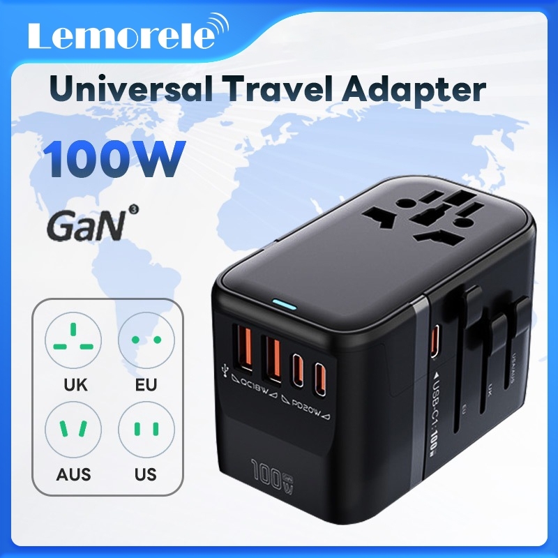 Lemorele Universal International Travel Adapter 100W (GaN) ปลั๊กชาร์จเร็ว Type C+USB Charger