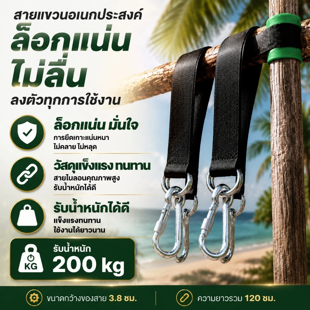 สายแขวนอเนกประสงค์ รับน้ำหนักสูง สายรัดแข็งแรง ห่วงสแตนเลส กันลื่น ติดตั้งง่าย สำหรับเปล ชิงช้า เก้าอี้แขวน แคมป์ปิ้ง Outdoor Strap Heavy Duty Hammock Swing Hanging Belt 1 คู่ 2 เส้น K833
