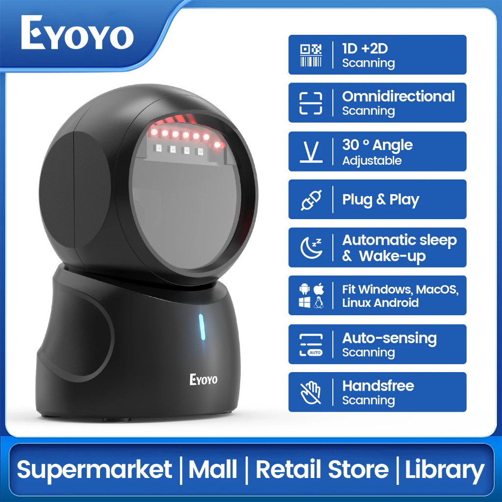 Eyoyo Auto Scanning 1D 2D Barcode Reader QR Code Scan Reader รองรับ POS ผ่าน USB เชื่อมต่อสําหรับซูเ