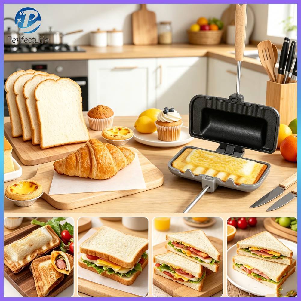 กระทะสองด้าน Non-Stick เครื่องทําแซนวิชทําความสะอาดง่ายทนอุณหภูมิสูงที่ใช้งานได้แก๊สหม้อหุงข้าว Gadgets ครัว