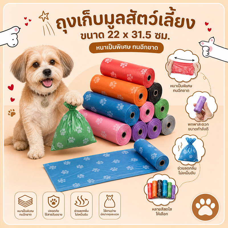 ถุงหยิบมูลสัตว์เลี้ยง ถุงเก็บอึสุนัข ถุงขยะแบบพกพา สไตล์พกพา 1 ม้วน/15 ชิ้น