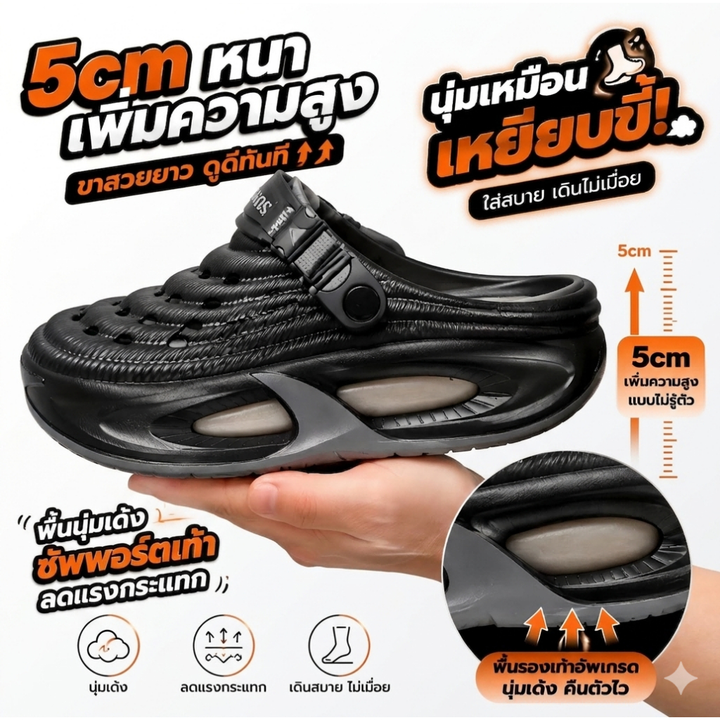 Mcwalk รองเท้าหัวโตผู้ชาย หนา 5cm เพิ่มความสูง นุ่มเหมือนเหยียบขี้ รองเท้าสุขภาพ Unisex 2026 38-45