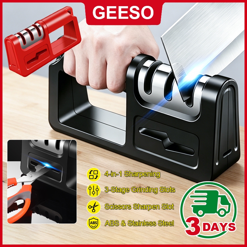 GEESO เครื่องลับมีด 4 ใน 1 3 ระดับ ลับมีดและกรรไกรได้ เครื่องลับมีดใช้งานครัวเรือน 4-in-1 Kitchen Knife Sharpener, 3 Stages Sharpening System for Knives & Scissors, Portable Manual Blade Sharpening Tool 四合一磨刀器