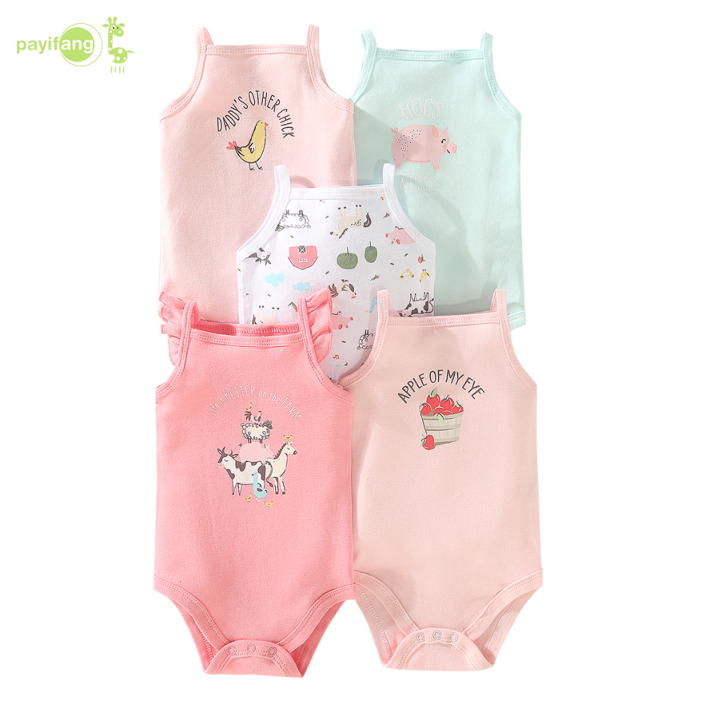 PAYI BABY-5 ชิ้น บอดี้สูทเด็ก ธีมฟาร์มผ้าฝ้ายนุ่ม เด็กผู้หญิง สลิงบอดี้สูทแขนกุด