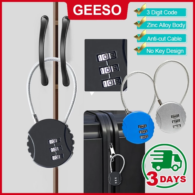 GEESO กุญแจรหัสสายสลิง 3 หลัก ป้องกันขโมย ตั้งรหัสซ้ำได้ สำหรับกระเป๋าเดินทางและกระเป๋าเป้ 3 Digit Steel Cable Combination Lock, Resettable Anti Theft Password Padlock for Luggage Bag Suitcase Travel Use 圆形锁