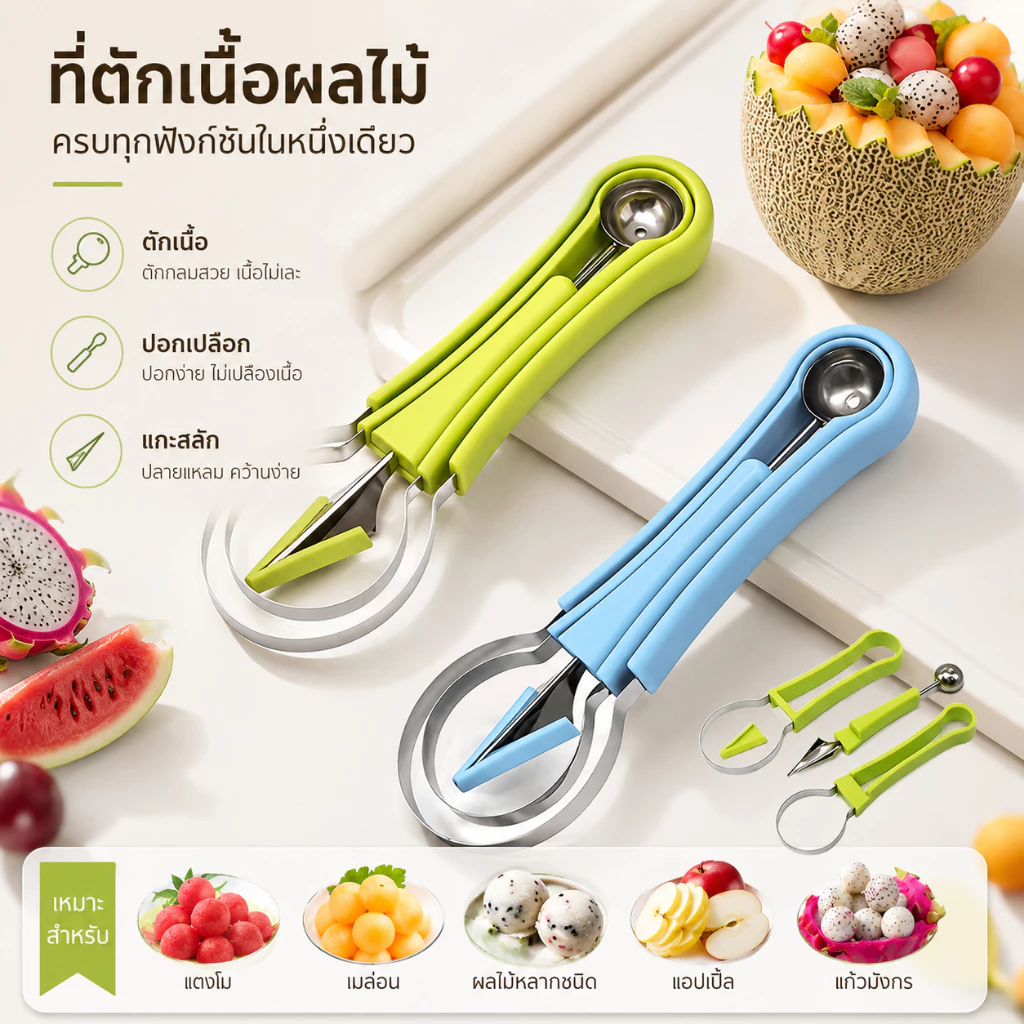 S00027 4in1 ที่ตักแตงโม ที่ตักเมล่อน ที่คว้านผลไม้ มีดแกะสลักผลไม้ เครื่องมืออเนกประสงค์สำหรับผลไม้
