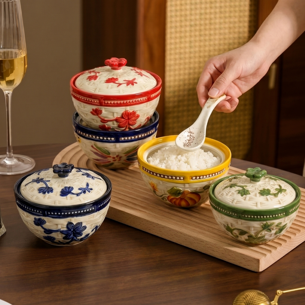 HongDian ชามเซรามิก ceramic porcelain bowl tableware พร้อมฝา ลายสานไม้ไผ่หลากสีแบบนูน วาดมือด้วยเทคนิคหลายสี เก็บความร้อน กันความชื้นและฝุ่น เป็นชุดภาชนะเซรามิกเกรดพรีเมียม ใช้กับไมโครเวฟและเครื่องล้