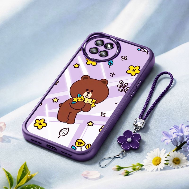 VRQR สําหรับ Itel S23 A50C A70 A06 S665L A665L หมีสีน้ําตาลใสกันกระแทกเคสโทรศัพท์พร้อมเชือกดอกไม้