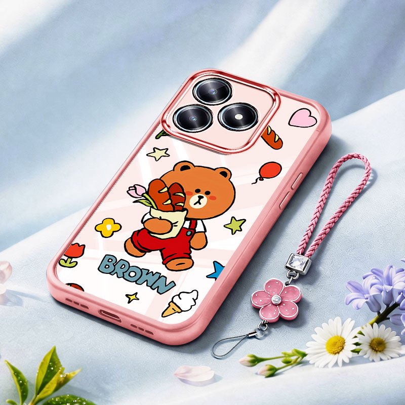 VRQR สําหรับ Huawei Honor 600 Lite 600 Pro Honor 500 สมาร์ท 5G หมีสีน้ําตาลใสกันกระแทกเคสโทรศัพท์พร้อมเชือกดอกไม้