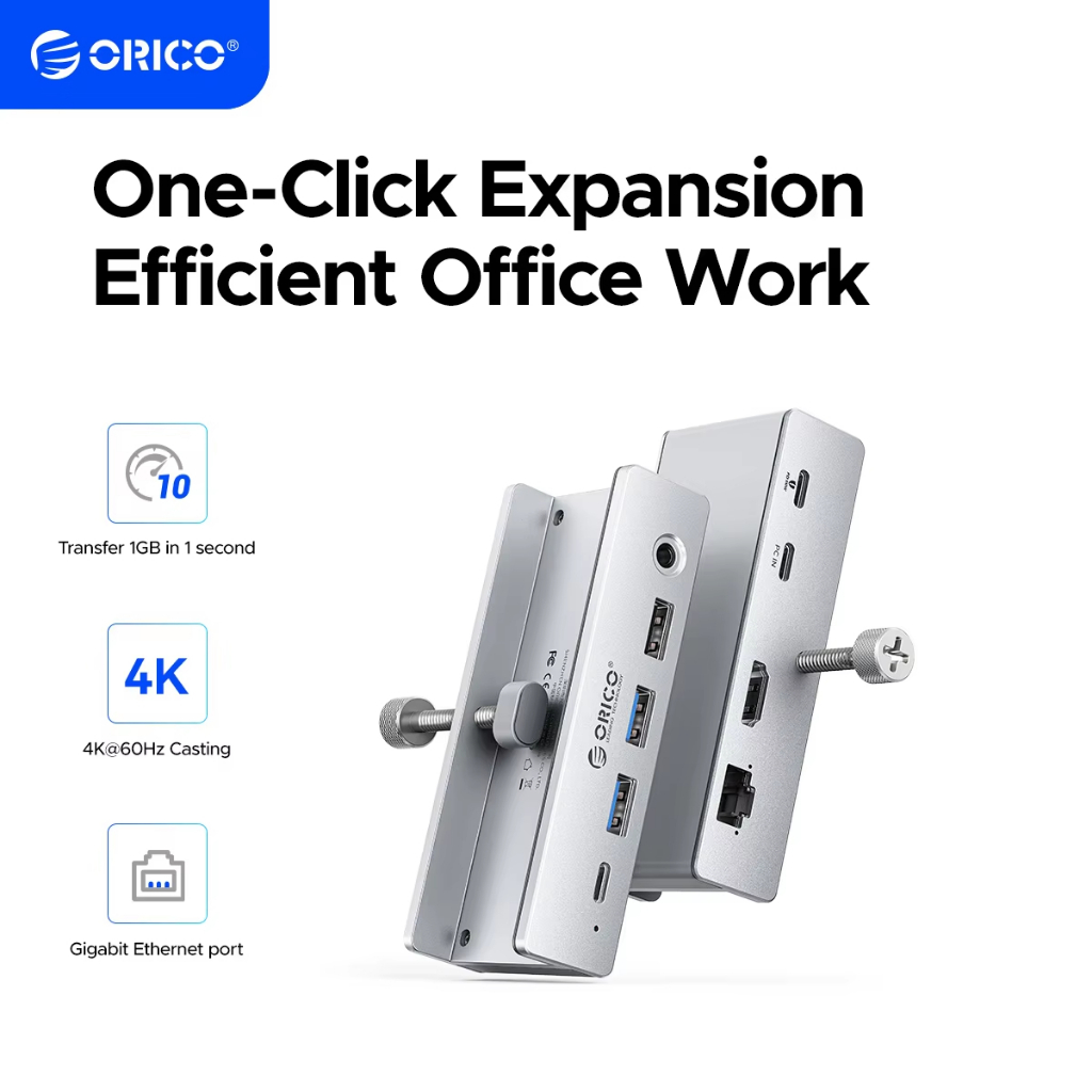 ORICO อลูมิเนียม 8 in 1 USB Clip Hub รองรับแหล่งจ่ายไฟภายนอกสําหรับความเร็วสูง 10GBPS การส่งข้อมูลบน MAC OS PC