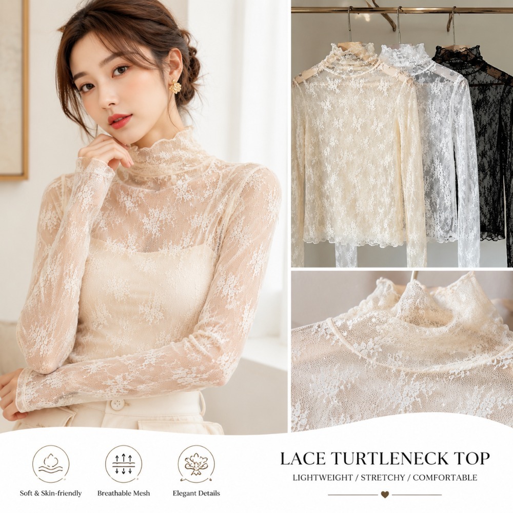 (COD-In Stock) แฟชั่นผู้หญิงดอกไม้เชียร์ลูกไม้คอเต่าแขนยาวด้านบนตาข่ายเสื้อชั้น