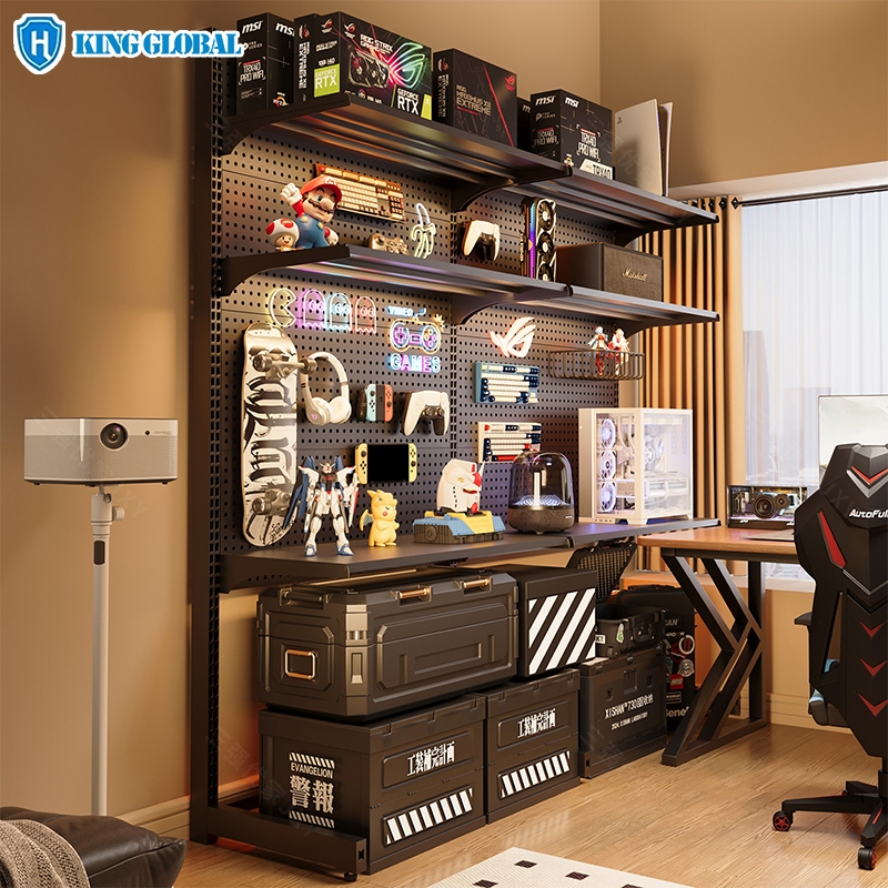 King Global ชั้นวางของเหล็ก Pegboard มัลติฟังก์ชั่น ปรับระดับได้ – แข็งแรง จัดเก็บได้หลากหลาย