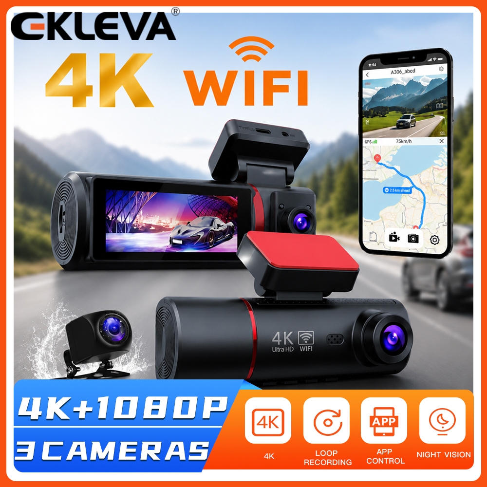 EKLEVA 3 ช่อง 4K Dash Cam สําหรับรถยนต์กล้องด้านหน้าภายในด้านหลัง Three Way Dashcam WiFi IR Night Vi