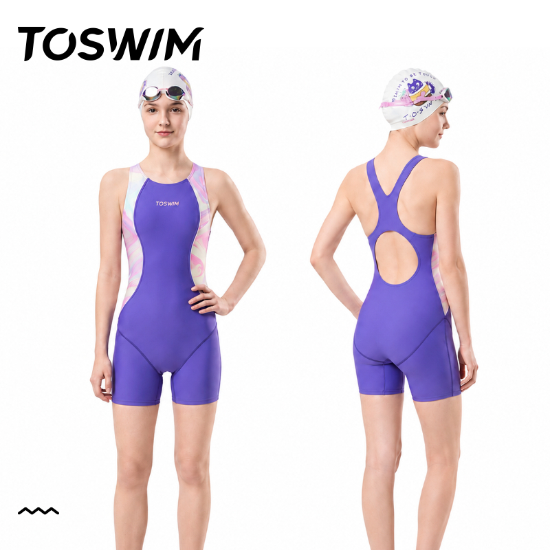 TOSWIM ชุดว่ายน้ําฝึกวัยรุ่นเด็กผู้หญิงชิ้นเดียวแขนกุดเข่าความยาวการแข่งขันการฝึกอบรมแผ่นรองหน้าอก
