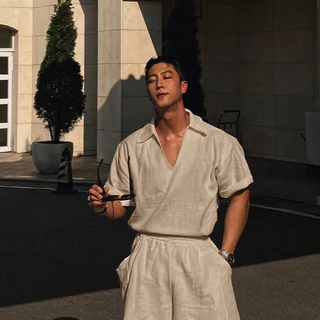 ผู้ชาย2ชิ้นชุดผ้าลินินปกคิวบาเสื้อแขนสั้นกางเกงขาสั้นสไตล์เกาหลีฤดูร้อนระบายอากาศ