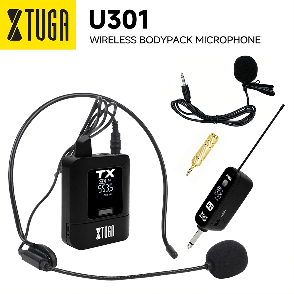 XTUGA U301 ไมโครโฟนไร้สาย UHF แบบพกพามินิ Bodypack เครื่องส่งสัญญาณชุดหูฟังและไมโครโฟนปกและตัวรับสัญญาณสําหรับครู, พูด, สัมภาษณ์, Vlog บันทึก