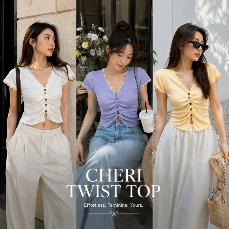 🌟Cheri Twist Top เ V-neck ลูกไม้ขอบ แขนสั้นรัดรูปสไตล์หวานเกาหลี เสื้อท็อป Lace Trim Ruched Top