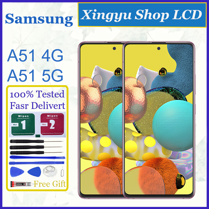 Original AMOLED สําหรับ Samsung Galaxy A51 4G A51 5G จอแสดงผล LCD หน้าจอสัมผัสพร้อมการเปลี่ยนกรอบ
