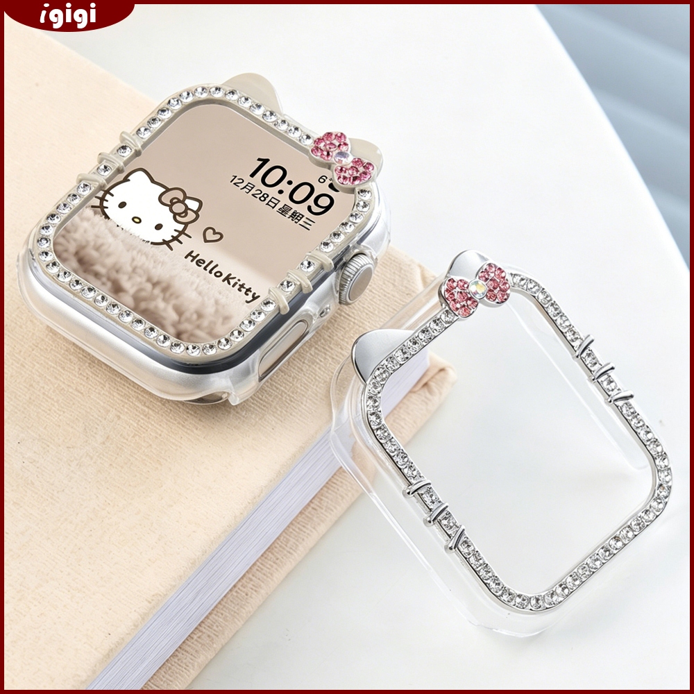 Hello Kitty Rhinestone กันชนสําหรับ Apple Watch 46 มม.49 มม.45 มม.44 มม.42 มม.41 มม.40 มม.38 มม.Series 1-11 SE Ultra – น่ารัก Bling Bling ฝาครอบป้องกัน