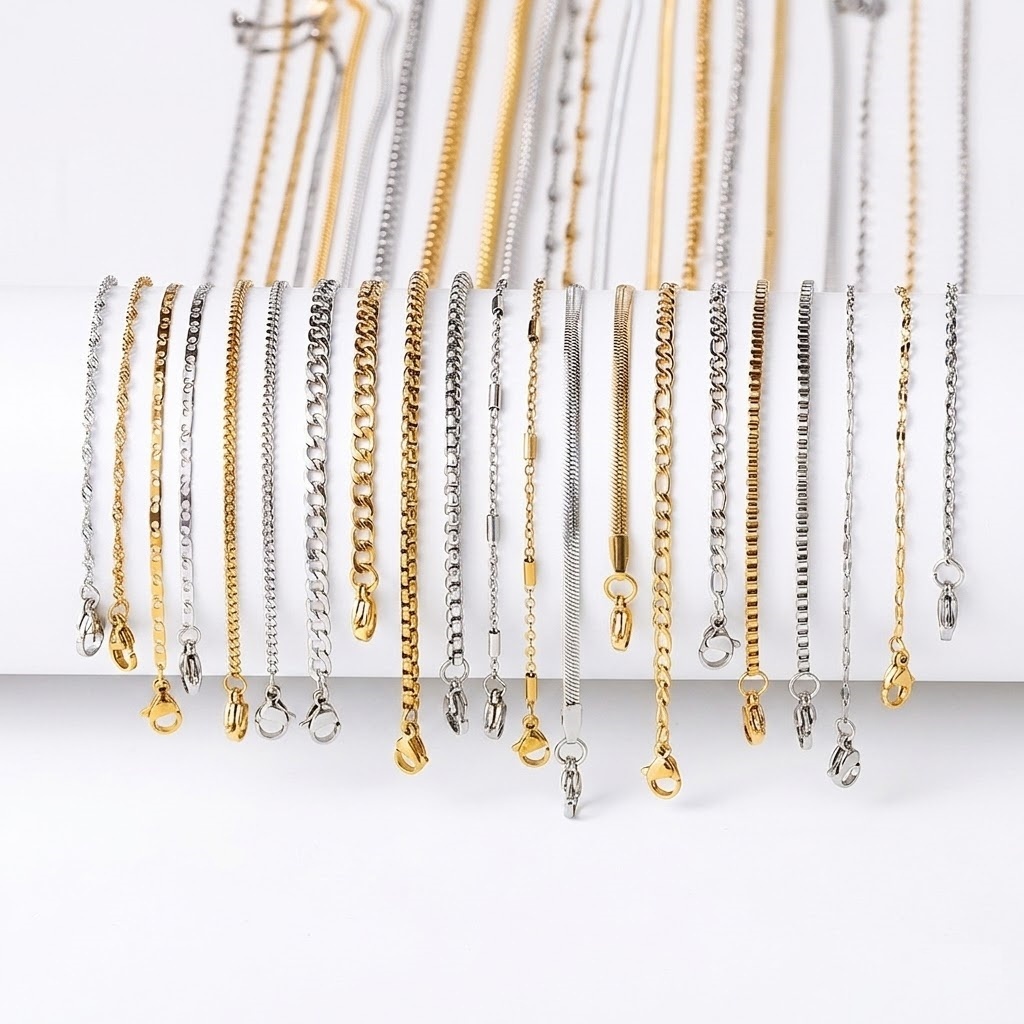 สร้อยคอสแตนเลส 45cm ชุบทอง 18K อะไหล่ DIY สำหรับทำสร้อยข้อมือเครื่องประดับ มีให้เลือกหลายแบบ ไม่ลอกไม่ดำ