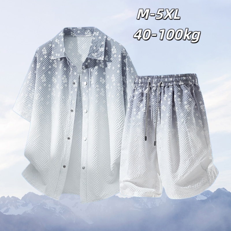 [M-5XL] ชุดสูทแขนสั้นผู้ชายขนาดบวกฤดูร้อน Tie-Dye Gradient เสื้อแขนสั้น + กางเกงขาสั้น Five-Poin