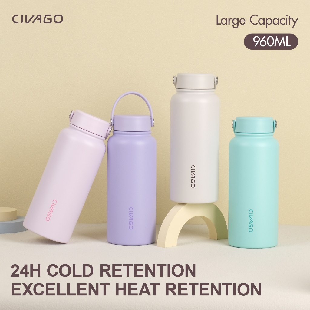 CIVAGO（32oz/960ml）แก้วเก็บความเย็นสแตนเลส ขวดน้ำทรงแก้วกาแฟ จุได้เยอะ พร้อมหูหิ้ว