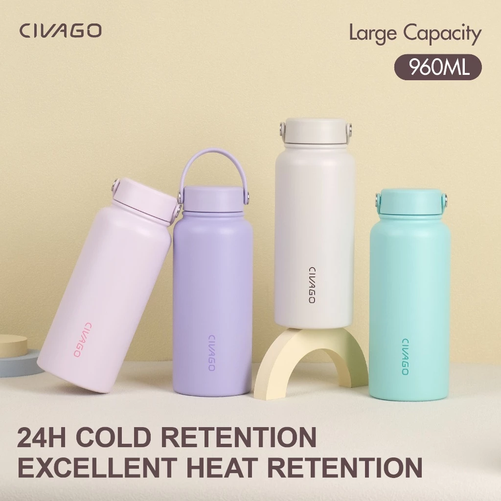 CIVAGO(32oz/960ml)แก้วเก็บความเย็นสแตนเลส ขวดน้ำทรงแก้วกาแฟ จุได้เยอะ พร้อมหูหิ้ว