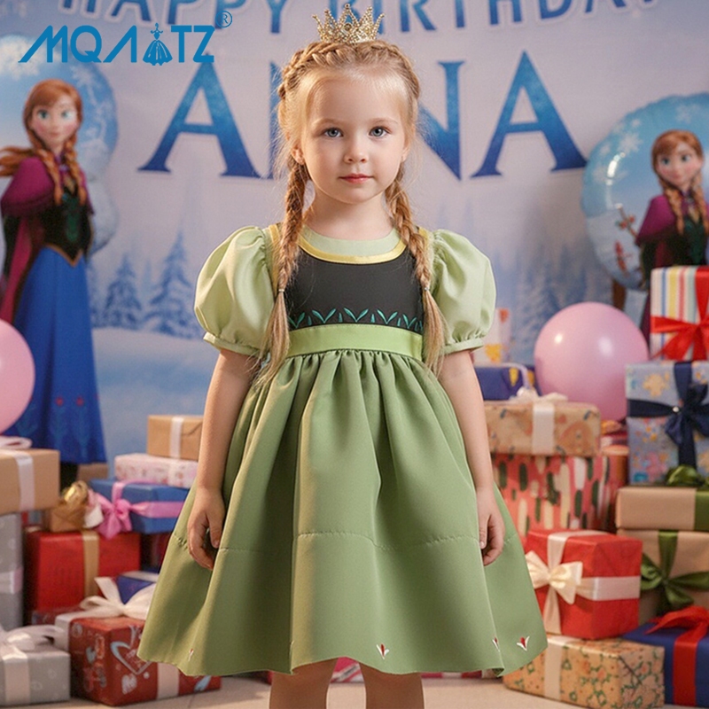 MQATZ เด็กวัยหัดเดิน Anna ชุดเจ้าหญิง 0-4Y พัฟแขนสีเขียวซาตินเย็บปักถักร้อยชุดเด็กแช่แข็งวันเกิดเครื่องแต่งกายคอสเพลย์ LL023