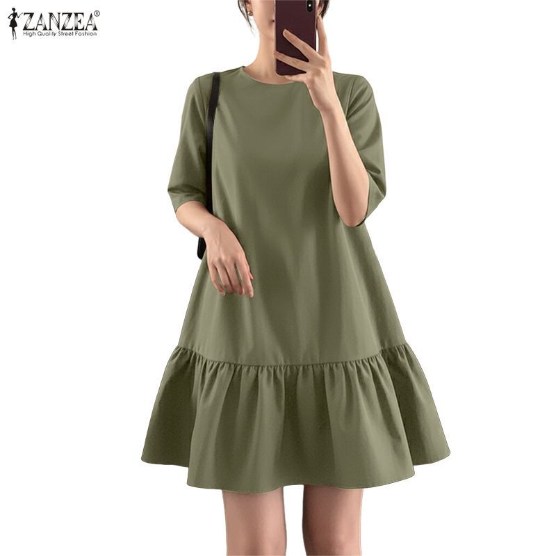ZANZEA เดรสมินิสำหรับสตรีสไตล์เกาหลี คอรอบแขนสามส่วน สีเรียบง่ายและทรงคล่องตัว