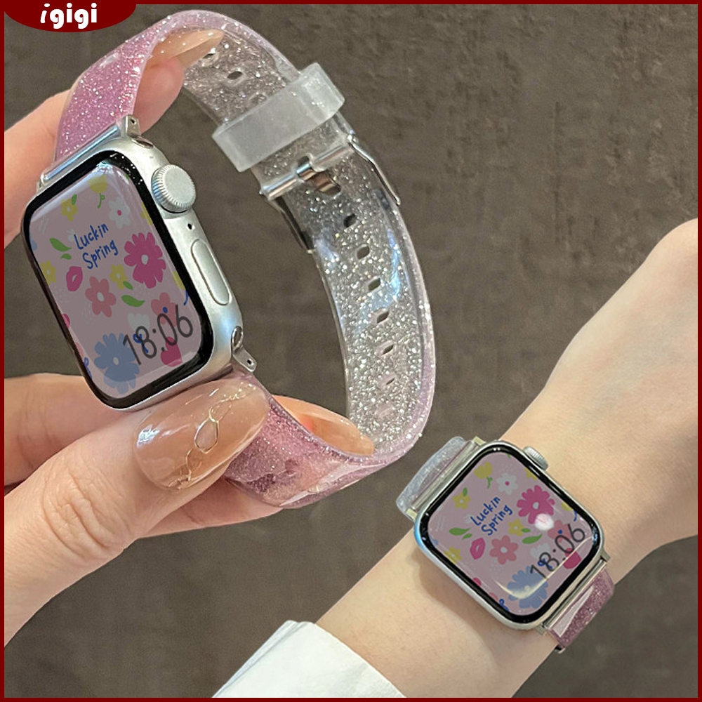สายรัดซิลิโคนใสแวววาวสําหรับ Apple Watch 46 มม. 49 มม. 45 มม. 44 มม. 42 มม. 41 มม. 40 มม. 38 มม. Series 1-11 SE Ultra – สายชิมเมอร์น่ารัก, ป้องกันการเยือกเขาเหลือง, กันน้ํา