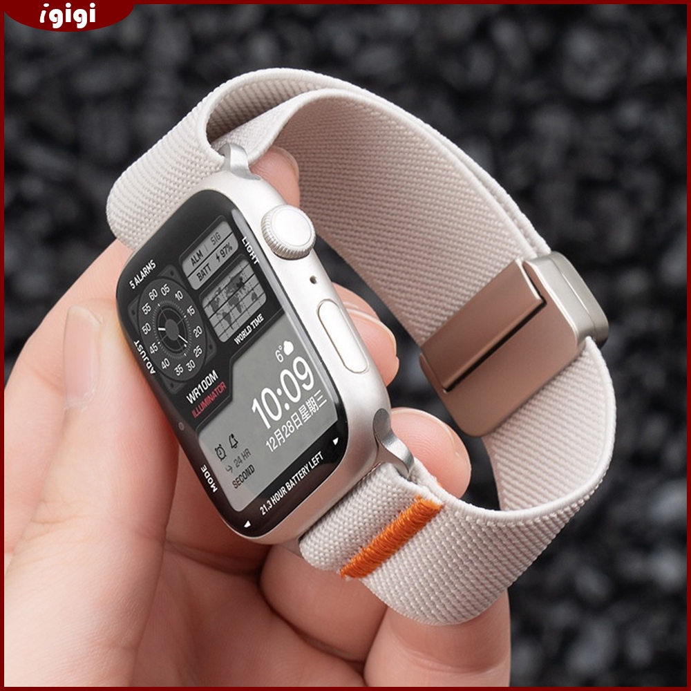 สายรัดไนลอนยืดหยุ่นพร้อมหัวเข็มขัดแม่เหล็กสําหรับ Apple Watch 46/49/45/44/42/41 มม. 40 มม. 38 มม. Series 1-11 SE Ultra – แถบระบายอากาศไม่มีรูปรับได้