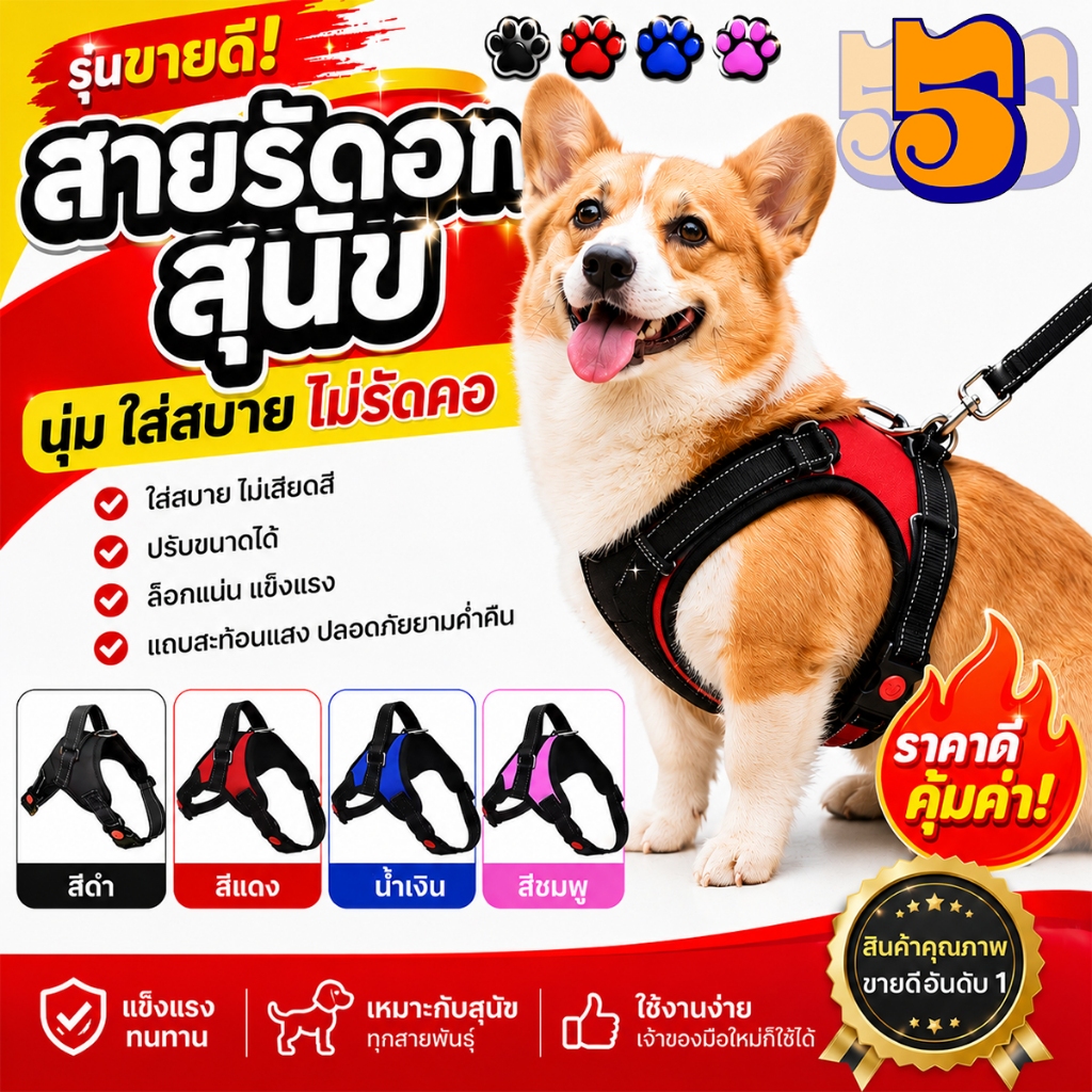 555PET เสื้อสุนัข  สื้อรัดอกสุนัข  พร้อมแถบสะท้อนแสง หัวเข็มขัดเปิดเร็วแข็งแรงและทนทาน ไม่มีเชือกรวมอยู่ด้วย