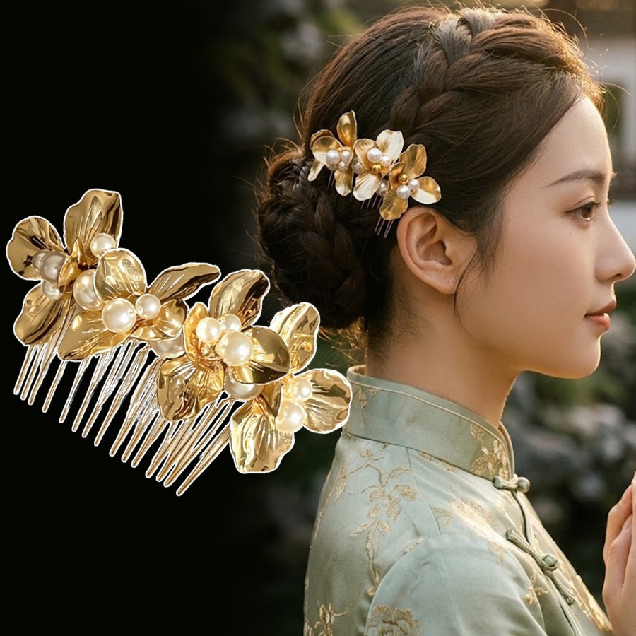 ใหม่สไตล์จีน Retro Golden Pearl ดอกไม้หวีผม Elegant Coiled ผม High-End อุปกรณ์เสริมผม