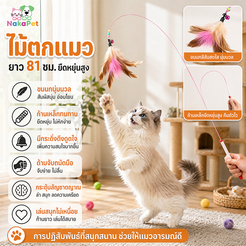 ไม้เล่นแมว ของเล่นแมว ของเล่นเเมว ของเล่นแมว ไม้ตกแมว แบบสปริง ล่อแมว ลวดสลิง ไม้แมว ยาวสุด Cat Toy