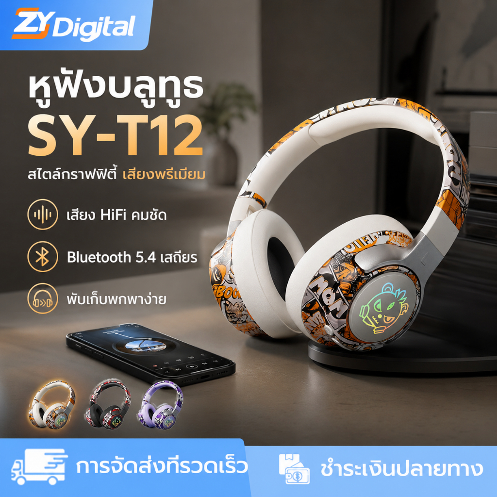 SY-T12 หูฟังบลูทูธหูฟังไร้สาย LED RGB Light HD ชุดหูฟังสเตอริโอไฮไฟพร้อมไมโครโฟนสําหรับเล่นเกมคอมพิวเตอร์แล็ปท็อป